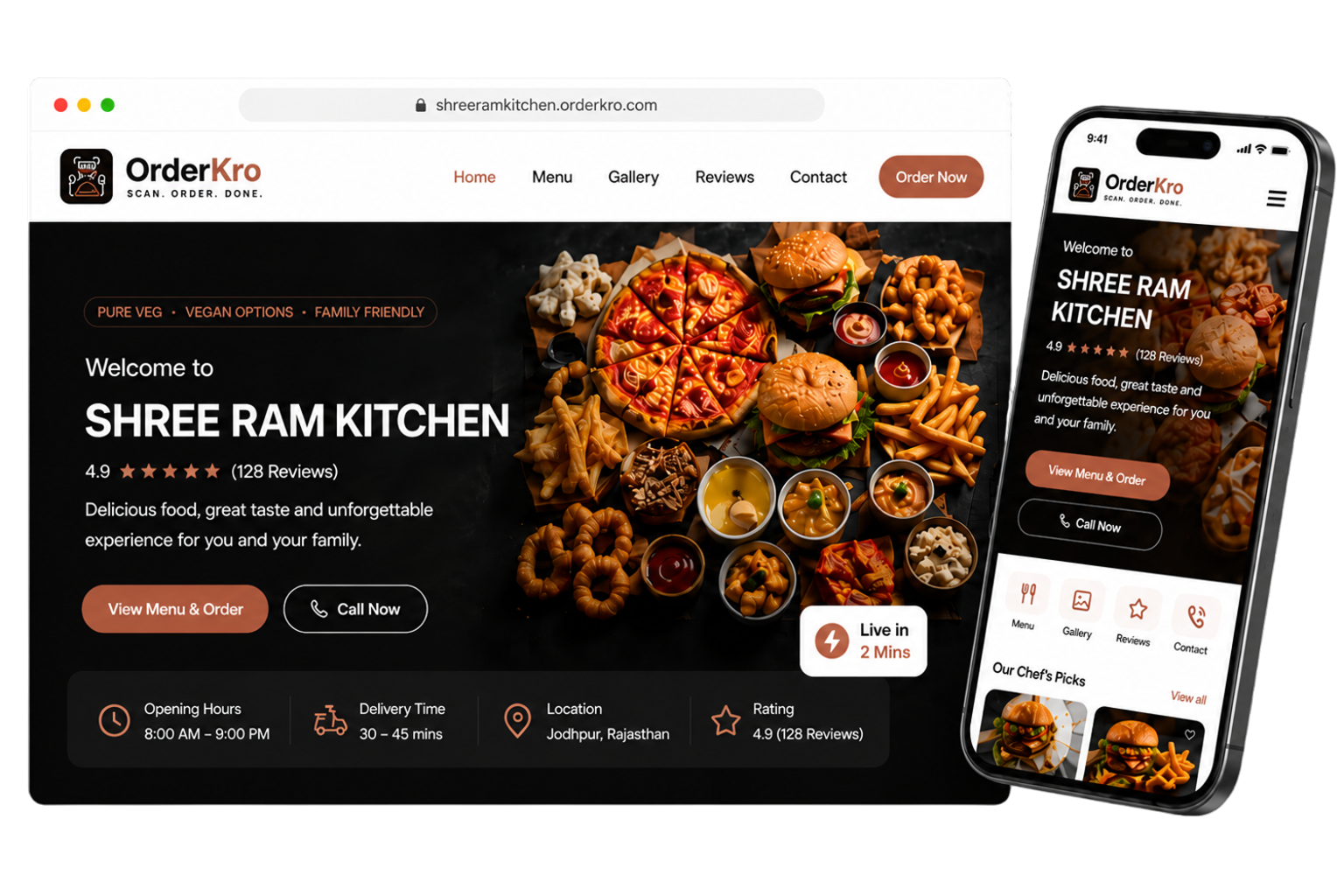 OrderKro restaurant website desktop and mobile mockup